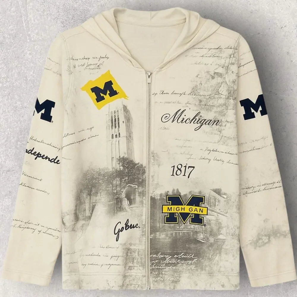 University of Michigan Womens Cream Zip Up Graphic Hoodie M Go Blue Wolverines